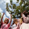 Girls dressed in the Lolita fashion, a mix of Victorian and Japanese style and pose for pictures at the Cherry Blossom Esplanade at the Brooklyn Botanic Garden's 31st Sakura Matsuri: Cherry Blossom Fe